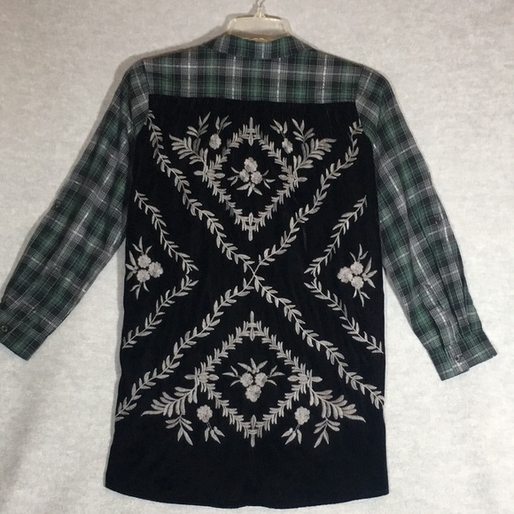DEMOCRACY Boho Cotton Plaid Front & Sleeves Contrasting Embroidered Velvet Back - Picture 1 of 16